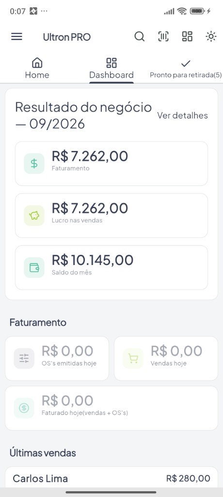 Home operacional do Ultron — atalhos de OS, orçamento, clientes e caixa