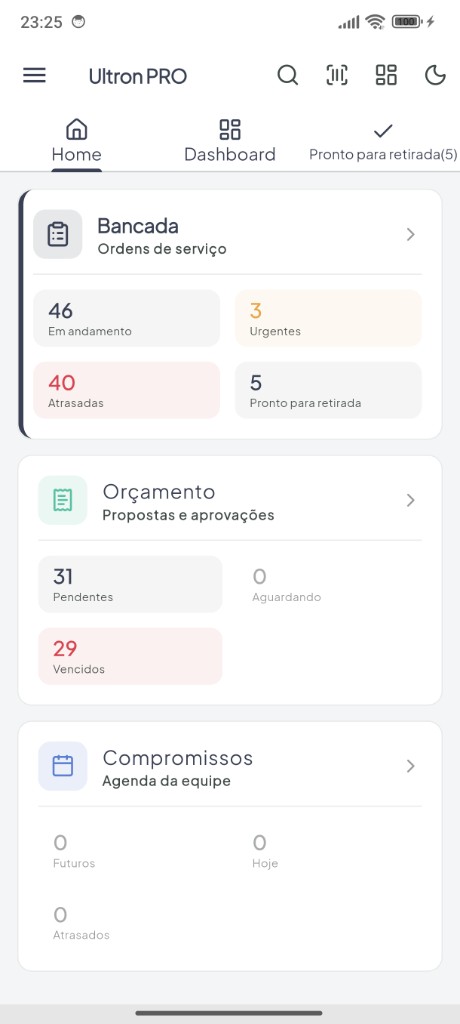 Home do Ultron no celular — bancada, ordens de serviço e atalhos operacionais (dados fictícios)