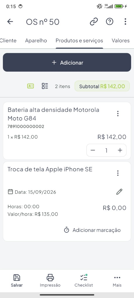 Peças e serviços na OS — bateria, mão de obra e subtotal no Ultron