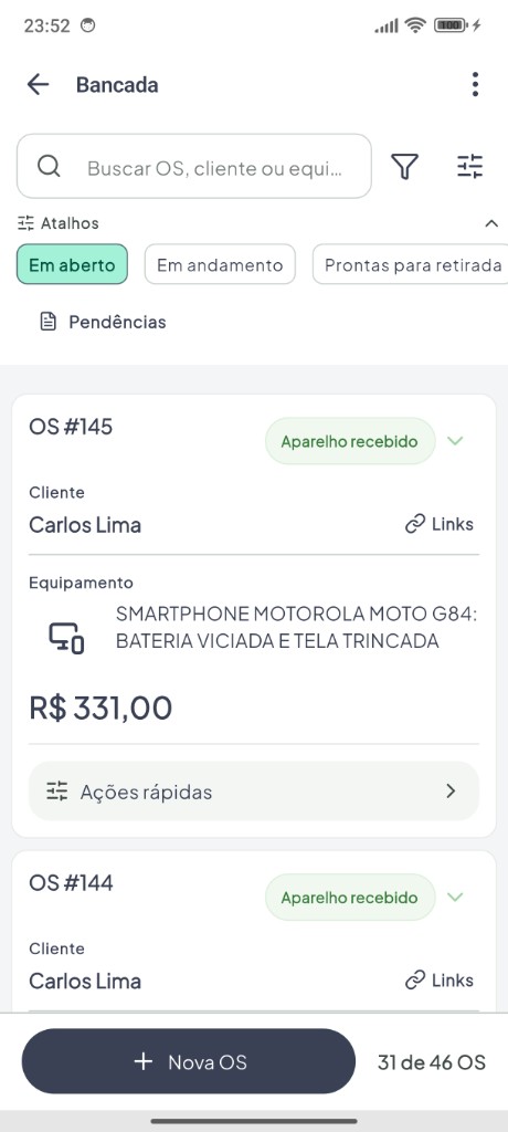 Lista de ordens de serviço no Ultron — status e andamento após aprovação