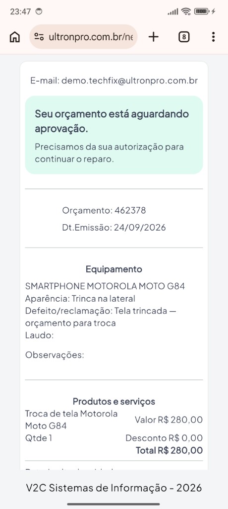 Portal de aprovação de orçamento no celular do cliente — Ultron PRO