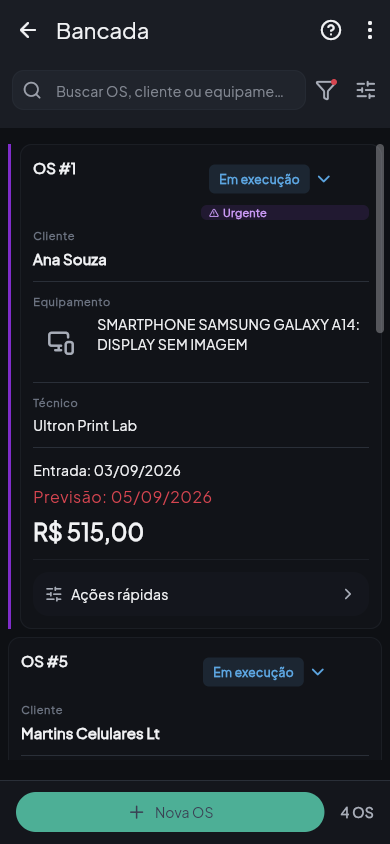 Bancada de ordens de serviço no Ultron — status, urgentes e prazos