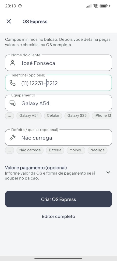 OS Express no Ultron — abertura rápida de ordem de serviço no balcão