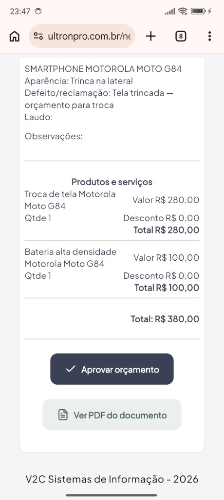 Portal de aprovação no celular do cliente — orçamento aguardando confirmação
